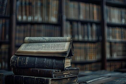 Open book on a stack in a library. Professional macro view. photo