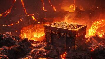 Exploring Infernal Depths Open Treasure Chest Amidst Volcanic Landscape. photo