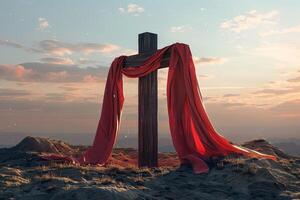 3D Rendering Majestic Wooden Cross Draped in Luxurious Red Cloth Glowing in Enchanting Sunset photo