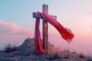 Glowing Wooden Cross Luxurious Red Cloth in Enchanting Sunset 3D Rendering photo