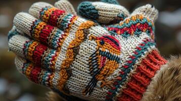 Knitted gloves with geometric bird embroidery for a light, airy feel. photo