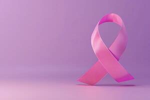 Pink Cancer Ribbon on Purple Background. 3D Illustration with Space for Your Text photo