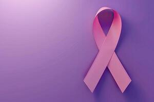 Pink Cancer Ribbon on Purple Background. 3D Rendering with Empty Space for Text photo