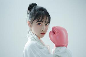 Cool Side View of Chinese Woman in White Sports Wear and Pink Boxing Gloves photo