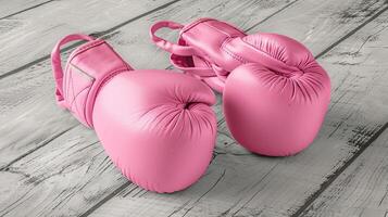 Pink Boxing Gloves Product Photography on White Background and Grey Wooden Floor. Studio Lighting photo