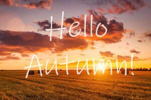 The words Hello Autumn on the background of field with golden haystacks. Greeting card. The concept of the beginning of autumn. photo