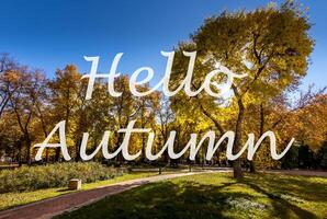 The words Hello Autumn on the background of autumn park lit by sun in golden autumn season. Greeting card. The concept of the beginning of autumn. photo