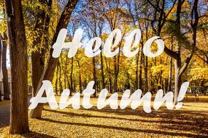 The words Hello Autumn on the background of autumn park lit by sun in golden autumn season. Greeting card. The concept of the beginning of autumn. photo