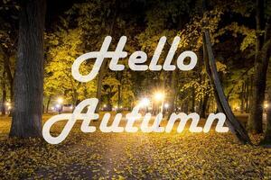 The words Hello Autumn on the background of night city park with fallen leaves and trees. Greeting card. The concept of the beginning of autumn. photo