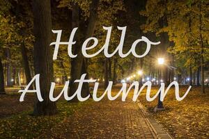 The words Hello Autumn on the background of night city park with fallen leaves and trees. Greeting card. The concept of the beginning of autumn. photo