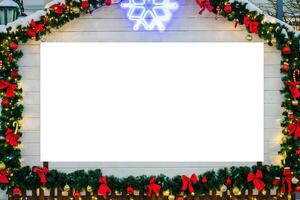Christmas or New Year's market house in a European city decorated with toys and garlands at night with copy space for a text. Mock up. photo