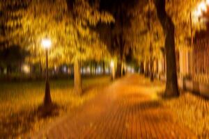 Autumn night park vertical motion blurr background. Fall season abstract. photo