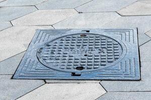 The cover of a sewer manhole on the pavement. photo
