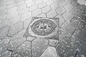 The cover of a sewer manhole on the pavement, with the inscription Zaryadye in Russian. photo