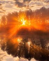 Sunrise on the pond in the autumn morning with birches and fog. photo