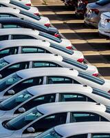 Rows of a new cars parked in a distribution center on a car factory on a sunny day. photo