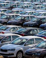 Rows of a new cars parked in a distribution center on a car factory on a sunny day. photo