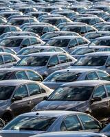 Rows of a new cars parked in a distribution center on a car factory on a sunny day. photo