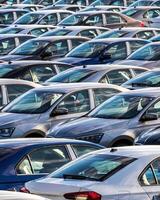 Rows of a new cars parked in a distribution center on a car factory on a sunny day. photo