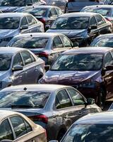 Rows of a new cars parked in a distribution center on a car factory on a sunny day. photo