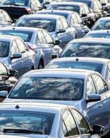 Rows of a new cars parked in a distribution center on a car factory on a sunny day. photo