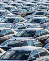 Rows of a new cars parked in a distribution center on a car factory on a sunny day. photo