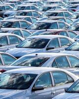 Rows of a new cars parked in a distribution center on a car factory on a sunny day. photo