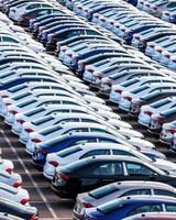 Rows of a new cars parked in a distribution center on a car factory on a sunny day. photo