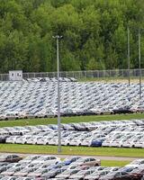 Rows of a new cars parked in a distribution center of a car factory. photo
