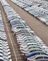 Rows of a new cars parked in a distribution center of a car factory. photo