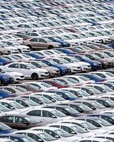 Rows of a new cars parked in a distribution center of a car factory. photo