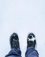 Legs in hiking boots for trekking in the snow. photo