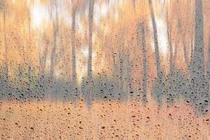 Day park with yellow maple leaves, pavement and benches behind wet rainy glass in golden autumn. The concept of bad weather, change of season and leaf fall. Abstract landscape. photo