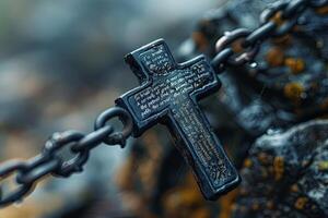 Steel chain adorned with mystical engravings to break curses and ward off evil photo