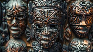 Intricately carved African mask on textured surface representing cultural and mythological symbolism. photo