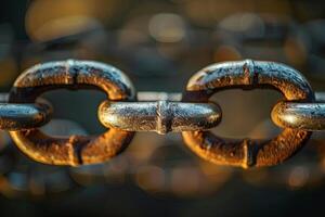 Gleaming chain link close-up symbolizing interconnectedness of humanity in spotlight. photo