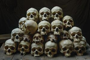 Dark still life of harmonious reflection with skulls and bones. Artistic composition. photo