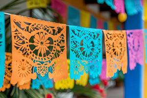 Vibrant Day of the Dead Papel Picado decorations bring the fiesta to life with colorful celebration. photo
