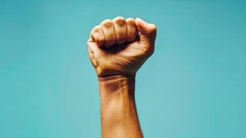 Realistic depiction of triumph with right hand raised on a solid background photo
