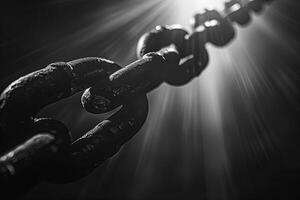 Close-up of shining chain link portraying interconnected humanity under spotlight. photo