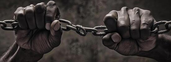 Breaking Chains African Hands Unbuttoning Metal Chain with Strength photo