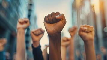Multi-ethnic fists raised in protest, depicting signs of social unrest in illustration. photo