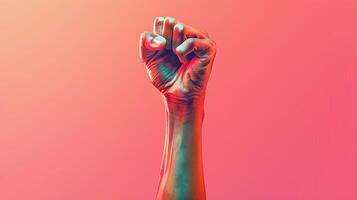 Triumphant right hand raised in realistic image on solid background photo