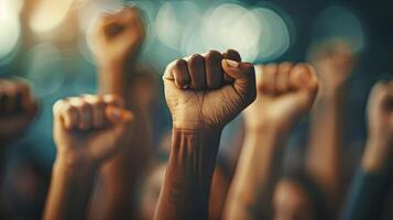 Illustration depicting multi-ethnic fists raised in protest, signifying social unrest. photo