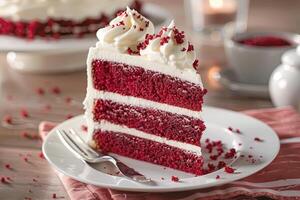 Tempting photo of decadent red velvet cake. Rich and captivating dessert layers.