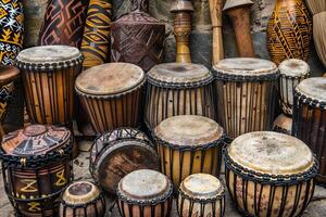 Vivid portrayal of African musical heritage. Authentic instruments photo. photo