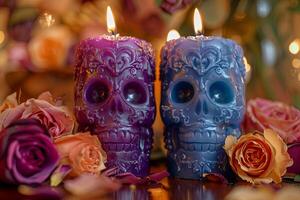 Intricate sugar skull candles surrounded by roses, with candlelight focus effect. photo
