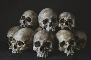 Harmonious reflection still life of balanced skulls and bones. Dark artistic concept. photo