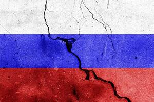 Russian Federation flag on cracked concrete wall. The concept of crisis, default, economic collapse, pandemic, conflict, terrorism or other problems in the country. Abstract disaster symbol. photo