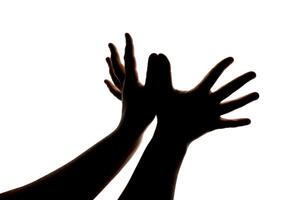 Silhouette of hands showing flying bird wings gesture isolated on white background. Blank for design. photo